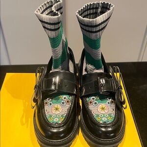 Fendi Black and Green Ankle Boots with Floral Design